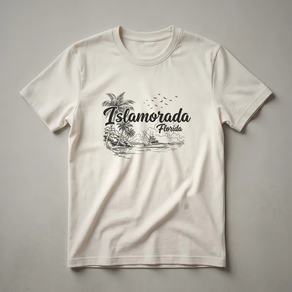 Black sketch artwork on a t-shirt depicting the text Islamorada Florida, palm trees, a sailboat on the water, and birds in the sky.