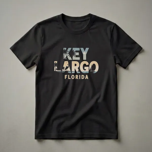 Black t-shirt with a retro graphic design that reads 'KEY LARGO FLORIDA' filled with a beach scene, palm trees, a heron, and a sailboat.