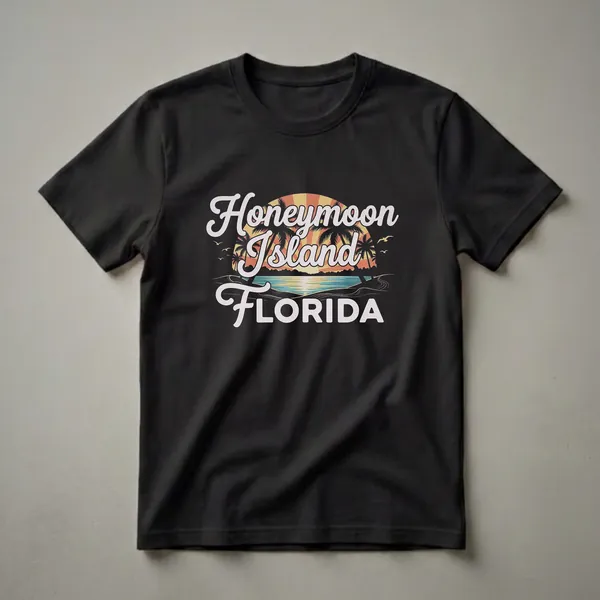 Black t-shirt with a retro graphic design of Honeymoon Island, Florida, featuring a sunset, palm trees, ocean, and seagulls.