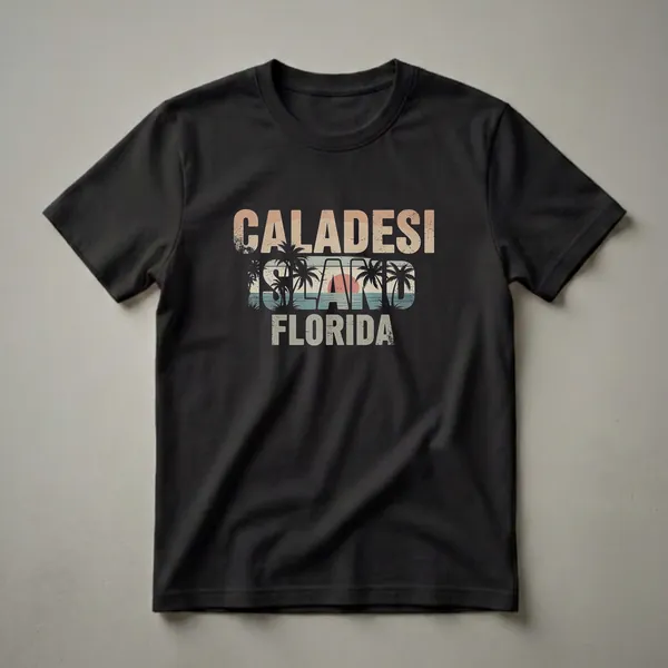 Black t-shirt with a retro graphic design that reads "CALADESI ISLAND FLORIDA" over a sunset beach scene with palm trees and ocean waves.