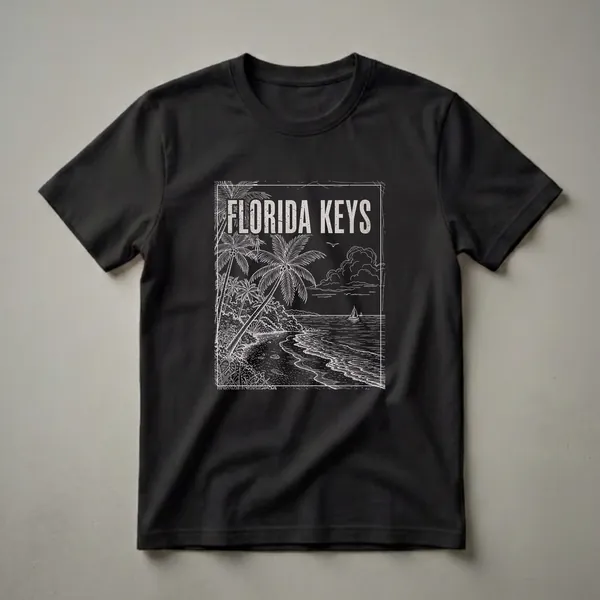 Black t-shirt with a vintage white line art drawing of a Florida Keys beach scene, featuring palm trees, ocean, and sailboats.