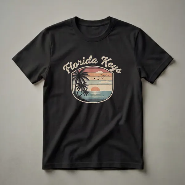Black t-shirt with a retro graphic design of a Florida Keys sunset featuring palm trees, ocean, and birds in a vintage style.
