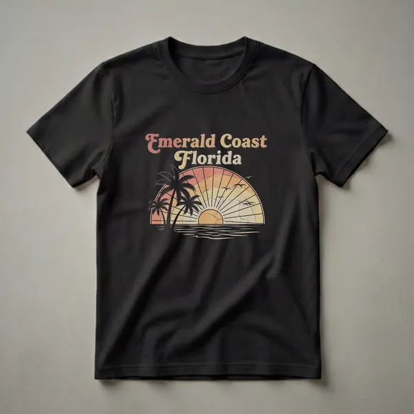 Black t-shirt with a retro graphic featuring the words "Emerald Coast Florida" above a sunset with palm trees and seagulls, evoking a vintage beach vacation feel.