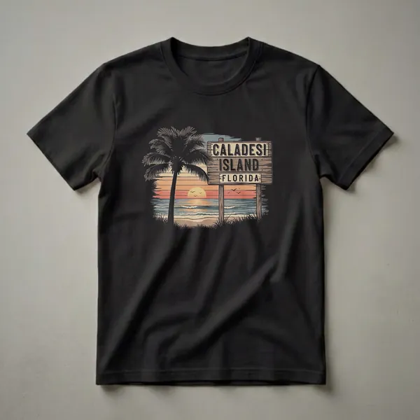Black t-shirt with a retro graphic of Caladesi Island, Florida, featuring a sunset, palm tree, ocean waves, and a wooden sign.