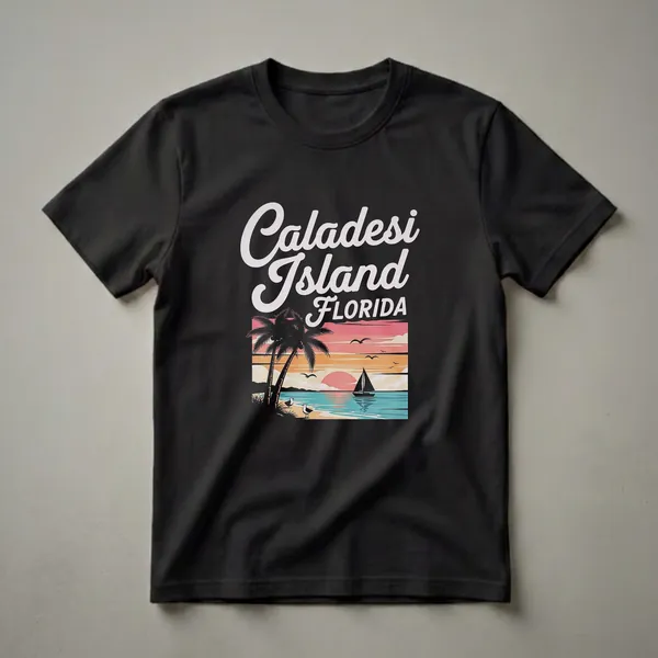 Black t-shirt with a retro graphic of Caladesi Island, Florida, featuring a sunset beach scene with palm trees, seagulls, and a sailboat.