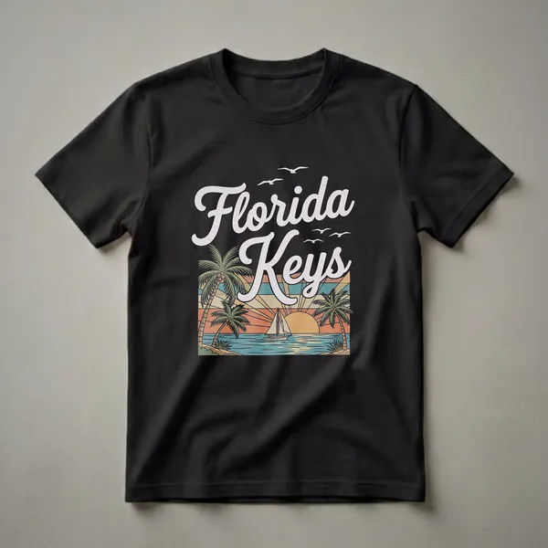 Black t-shirt with a retro graphic design of the words 'Florida Keys' above a sunset scene featuring palm trees, a sailboat on the water, and seagulls flying.