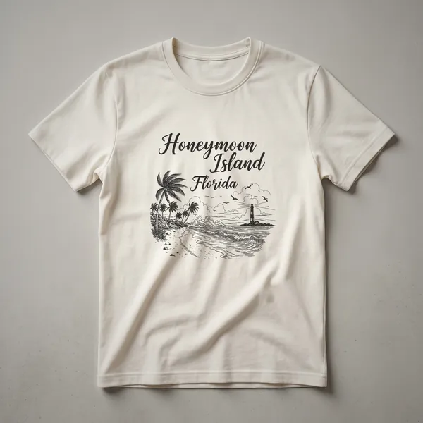 Black graphic t-shirt featuring a sketch of Honeymoon Island, Florida, with palm trees, a lighthouse, ocean waves, and seagulls.