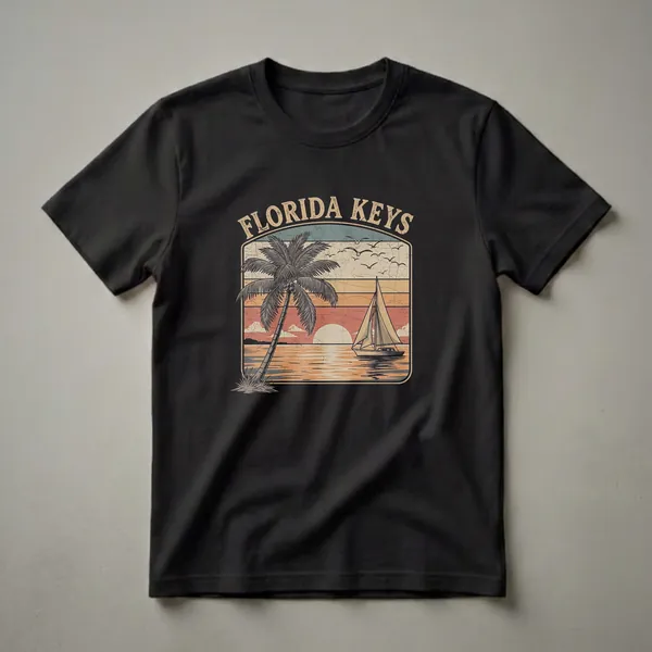 Black t-shirt featuring a retro graphic design of the Florida Keys with a palm tree, sailboat, sunset, and seagulls.