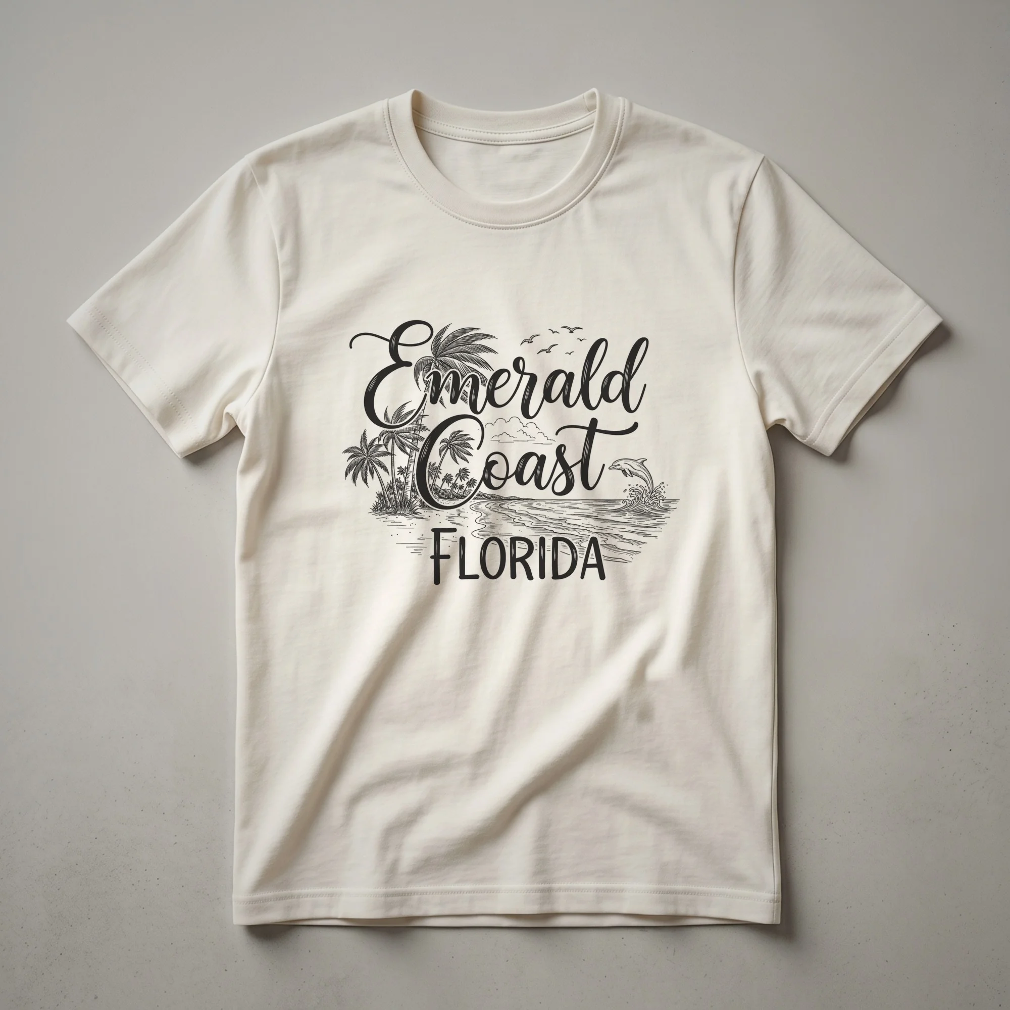 Black graphic t-shirt featuring the words 'Emerald Coast FLORIDA' with a sketch of palm trees, ocean waves, a dolphin, and seagulls.