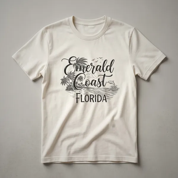 Black graphic t-shirt featuring the words 'Emerald Coast FLORIDA' with a sketch of palm trees, ocean waves, a dolphin, and seagulls.