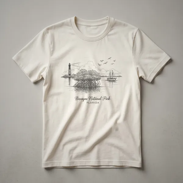 Black t-shirt with a sketch art design of Biscayne National Park, featuring a lighthouse, mangrove trees, a sailboat, and birds in flight.