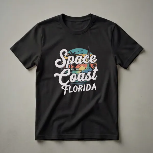 Black t-shirt featuring a retro graphic design of a rocket launching from the Space Coast of Florida at sunset, with palm trees and ocean waves.