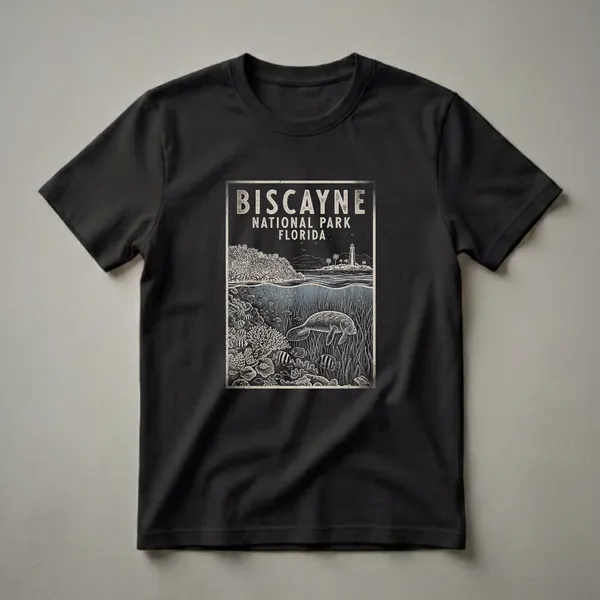 Black graphic t-shirt featuring a vintage design of Biscayne National Park, Florida, with a manatee, coral, fish, palm trees, and a lighthouse.