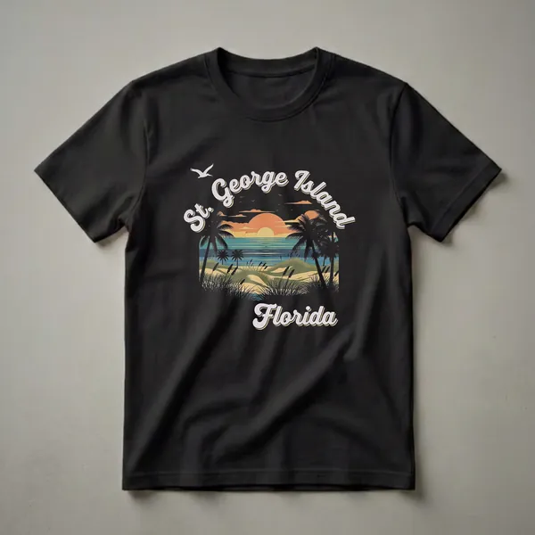 Black t-shirt featuring a retro graphic design of a St. George Island, Florida sunset with palm trees, sand dunes, and the ocean.