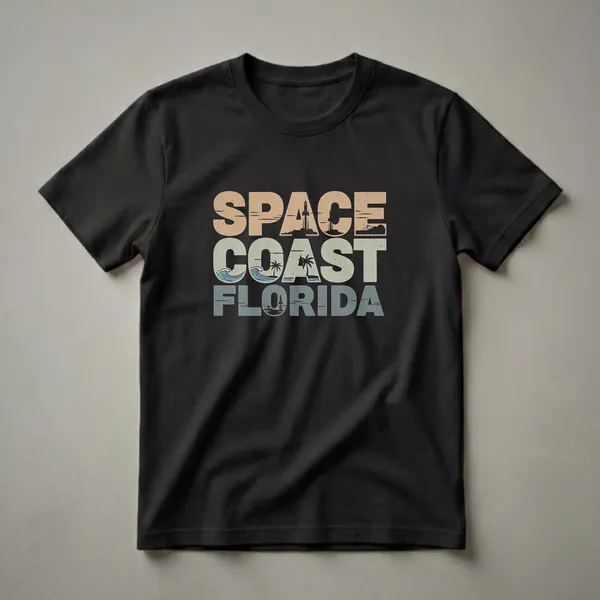 Black t-shirt with retro text reading 'SPACE COAST FLORIDA' featuring graphic elements of rockets, palm trees, and ocean waves.