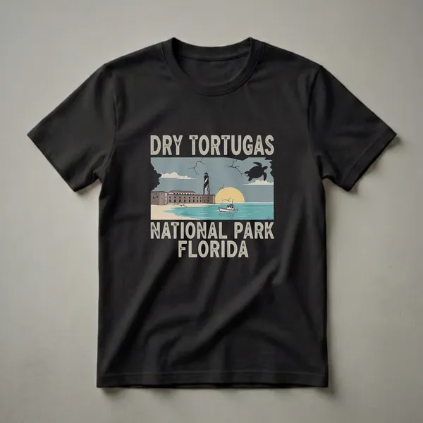 Black t-shirt featuring a retro illustration of Dry Tortugas National Park, showing Fort Jefferson, a lighthouse, a boat, a sea turtle, and a sunset.