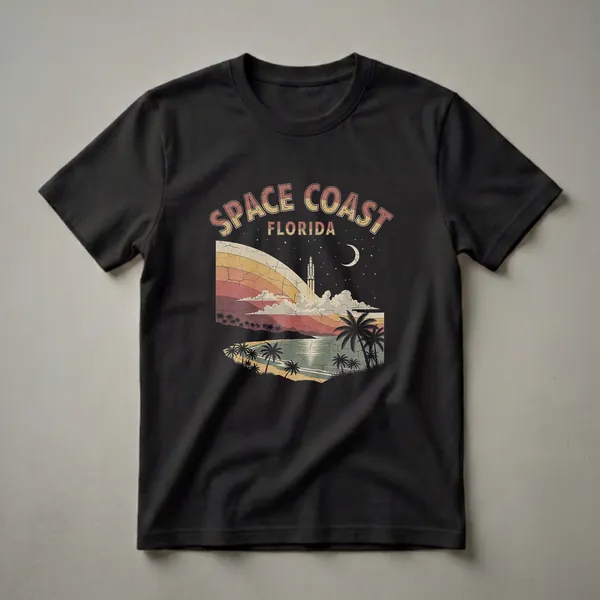 Black t-shirt with a retro graphic design of a rocket launching from the Space Coast of Florida at night, with palm trees and a crescent moon.