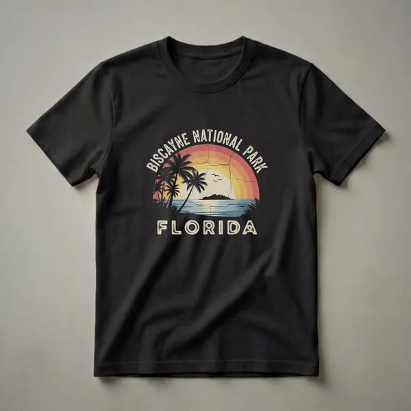 Black t-shirt with a retro graphic design of a sunset over Biscayne Bay, Florida, featuring palm trees, an island, and birds, with park and state names.