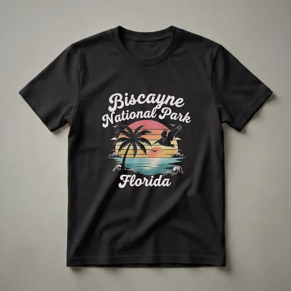 Black t-shirt with a retro graphic design featuring Biscayne National Park, Florida, a sunset, a palm tree, a pelican, and ocean waves.