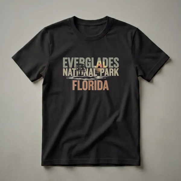 Black t-shirt with a retro graphic design for Everglades National Park, Florida, featuring text, an alligator silhouette, cypress trees, and a sunset.