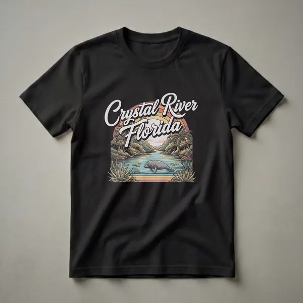 Black t-shirt featuring a retro graphic design of Crystal River, Florida, with a manatee swimming in a river, surrounded by palm trees and a sunset rainbow.