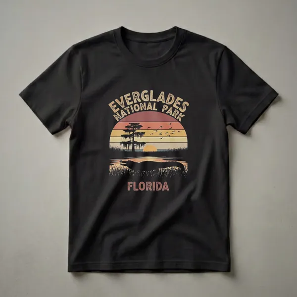 Black t-shirt with a retro graphic of Everglades National Park, featuring a silhouette of an alligator, cypress tree, birds, and a striped sunset, with text 'Everglades National Park Florida'.