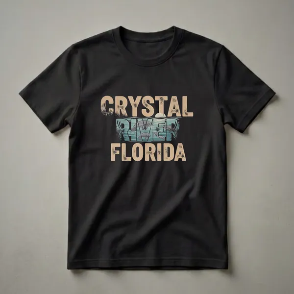 Black t-shirt with a retro graphic design that says 'CRYSTAL RIVER FLORIDA' and depicts manatees swimming in water with reeds and cattails.
