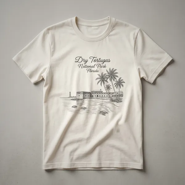 Black t-shirt featuring a sketch art design of Dry Tortugas National Park, Florida, with Fort Jefferson, a lighthouse, palm trees, and sea turtles swimming in the ocean.