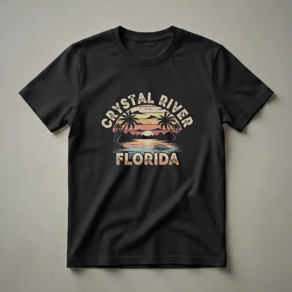 Black t-shirt with a retro graphic depicting a sunset over Crystal River, Florida, with palm trees and a manatee in the water.