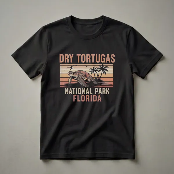 Black t-shirt with a retro graphic of a sea turtle, palm trees, and birds against a striped sunset background, with text reading 'DRY TORTUGAS NATIONAL PARK FLORIDA'.