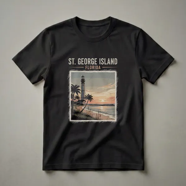 Black t-shirt featuring a vintage graphic of the St. George Island Lighthouse at sunset, with palm trees and a beach scene.