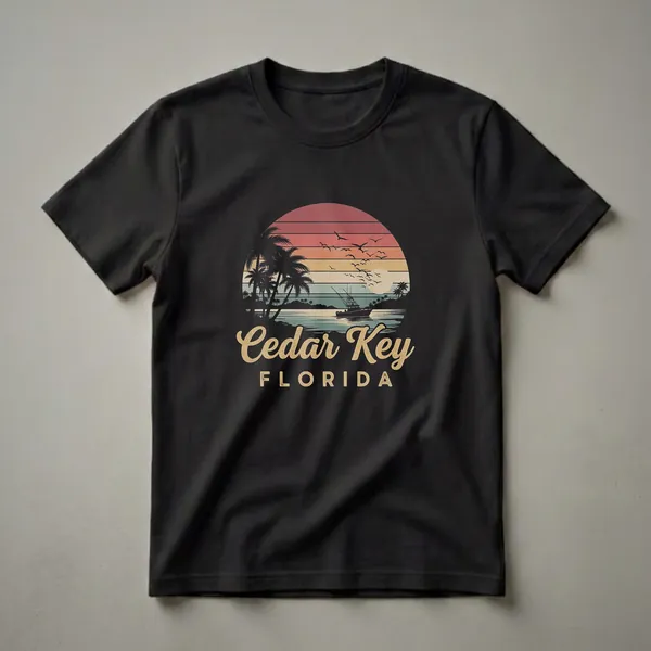 Black t-shirt with a retro graphic of a sunset over water in Cedar Key, Florida, featuring palm trees, a fishing boat, and flying birds.