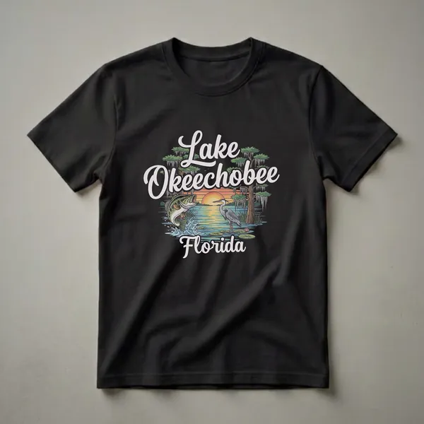 Black graphic t-shirt featuring a retro sunset over Lake Okeechobee, Florida, with a jumping largemouth bass, a great blue heron, and cypress trees.