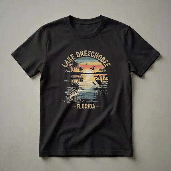 Black t-shirt with a retro graphic of Lake Okeechobee, Florida at sunset, featuring a jumping largemouth bass, palm trees, a heron, and birds in flight.