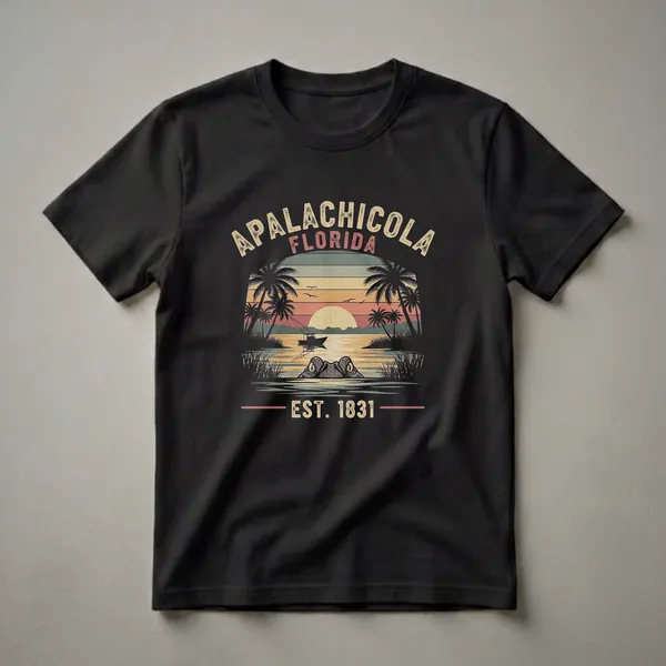 Black graphic t-shirt featuring a retro design of Apalachicola, Florida, with an alligator in the water, palm trees, a sunset, and a fishing boat, with 'APALACHICOLA FLORIDA EST. 1831' text.