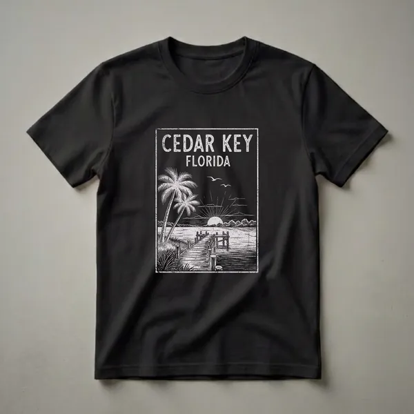 Black t-shirt with a vintage white graphic depicting Cedar Key, Florida at sunset, featuring a wooden pier, palm trees, and seagulls.