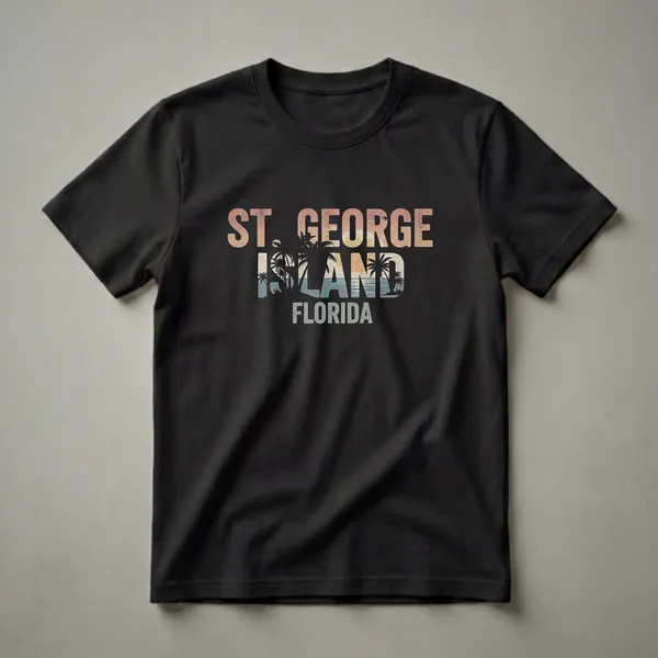 Black t-shirt with retro graphic design for St. George Island, Florida, featuring palm trees, a sunset, and ocean waves within the text.