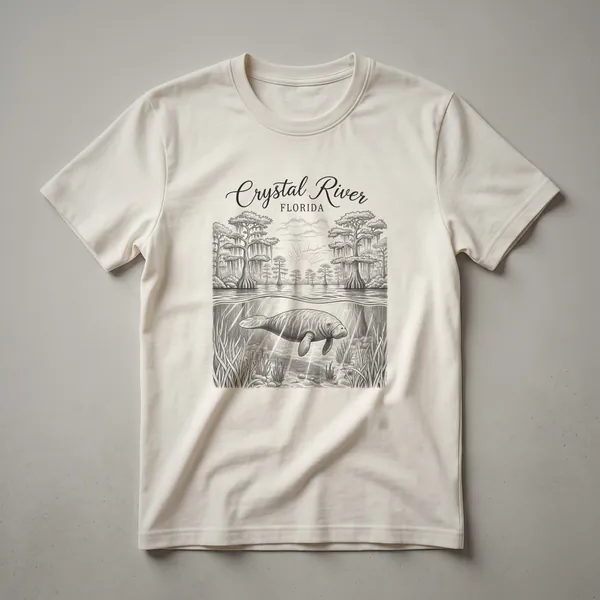A black t-shirt featuring a sketch art design of a manatee swimming in Crystal River, Florida, with cypress trees and aquatic plants.