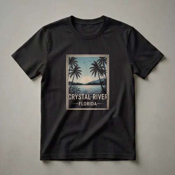 Black graphic t-shirt featuring a vintage sunset scene over water in Crystal River, Florida, with silhouetted palm trees and distant hills.