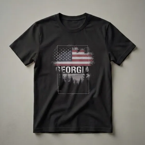Black t-shirt with a distressed American flag graphic above the word GEORGIA, set against a silhouette of pine trees and mountains.