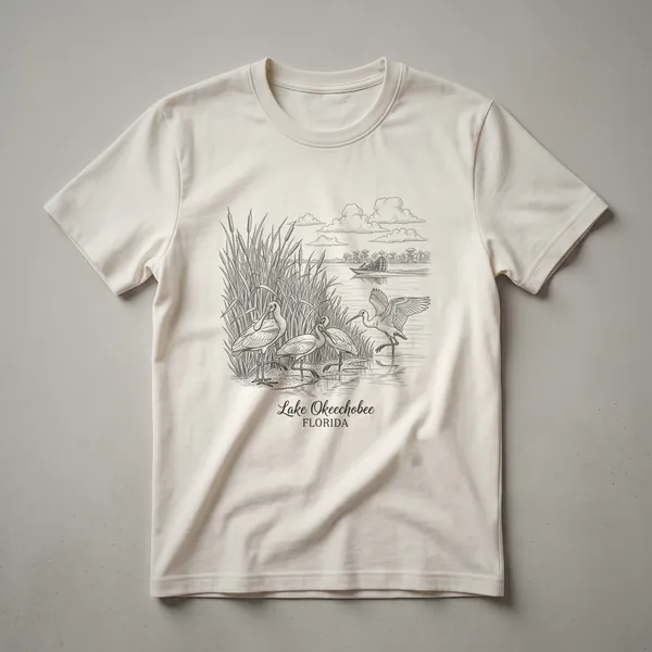 Black and white sketch art t-shirt design featuring wading birds, cattails, and a distant treeline representing Lake Okeechobee, Florida.