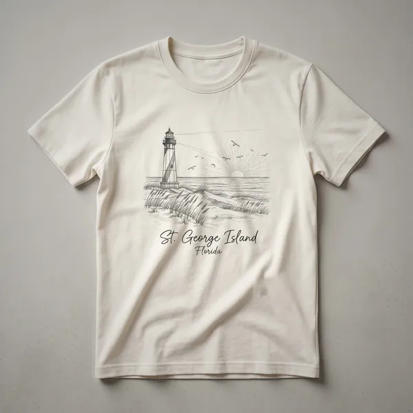 Black graphic t-shirt featuring a sketch art design of the St. George Island Lighthouse with seagulls flying near a sunset over the ocean.