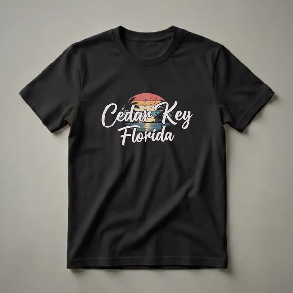 Black t-shirt with a retro graphic design of a sunset over water, featuring palm trees and the words 'Cedar Key Florida' in script.