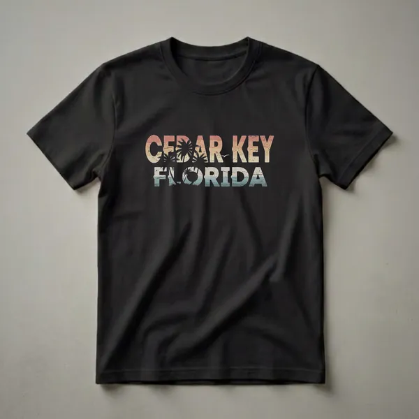 Black t-shirt with retro graphic text reading 'CEDAR KEY FLORIDA' featuring palm trees and a sunset over water.
