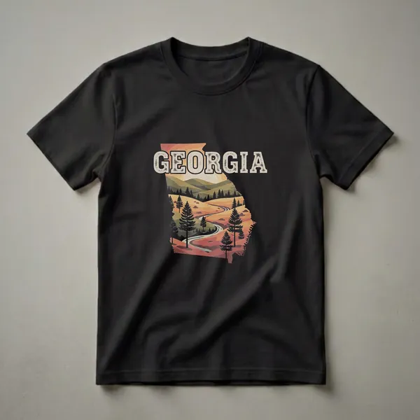 Black t-shirt featuring the outline of Georgia filled with a retro landscape of rolling hills, pine trees, and a winding river under a warm sunset.