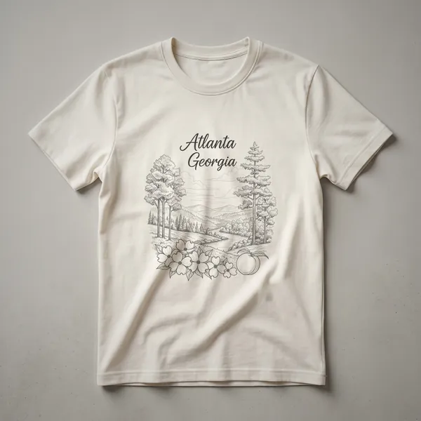 Black t-shirt with a line art sketch design featuring the words 'Atlanta Georgia' above a landscape with trees, a river, dogwood flowers, and a peach.