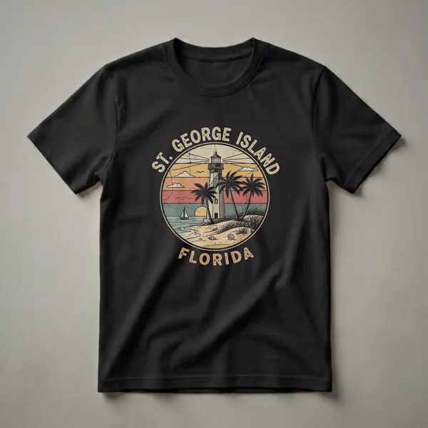 Black t-shirt featuring a retro St. George Island Florida lighthouse design with a sunset, palm trees, and a sailboat.