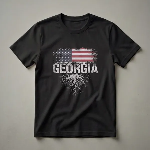 Black t-shirt with a distressed American flag graphic above the word GEORGIA, with detailed tree roots extending below.