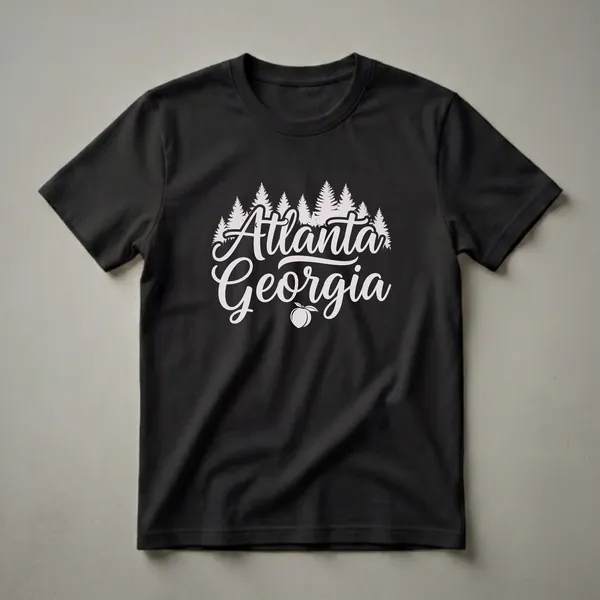 Black t-shirt with 'Atlanta Georgia' in light pink script, a peach graphic below, and a silhouette of pine trees across the top.