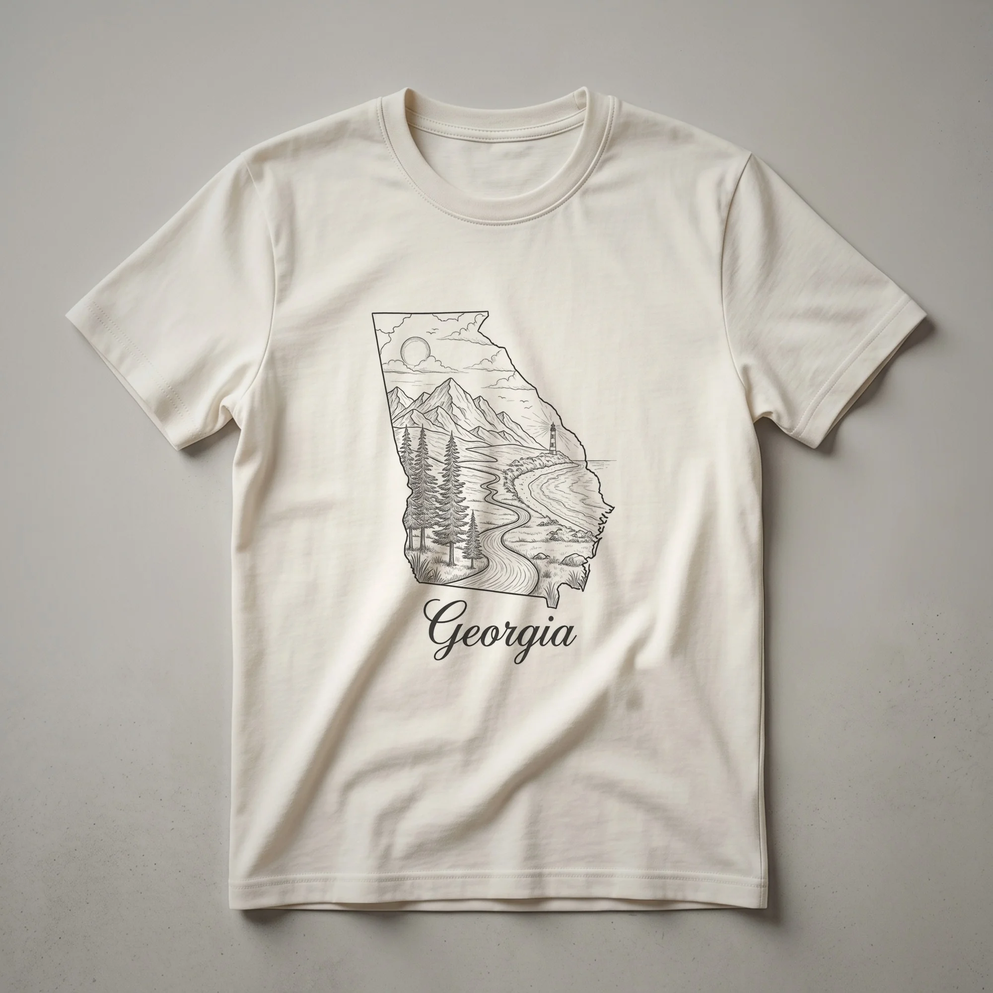 Black graphic t-shirt featuring a line art sketch of the Georgia state outline filled with a landscape scene including mountains, pine trees, a winding road, and a lighthouse.